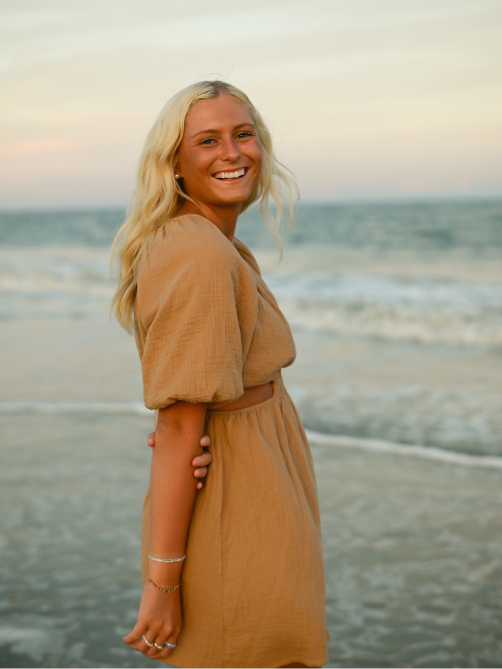 Neutral Tan Puff-Sleeve Midi Dress